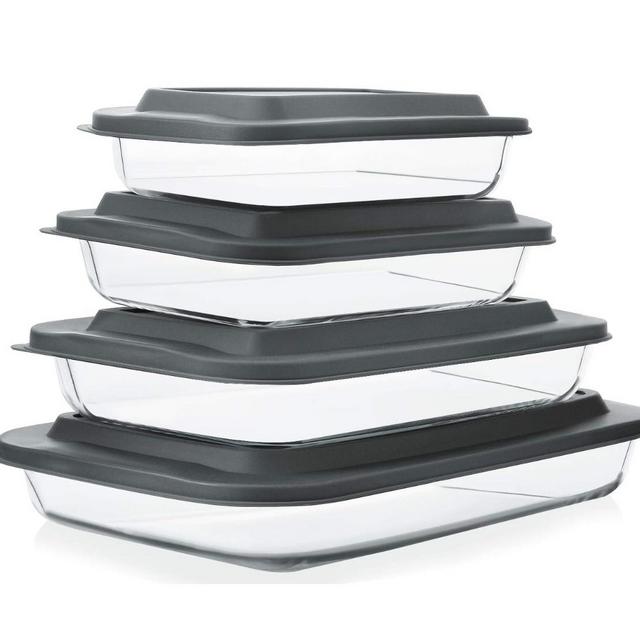 8-Piece Deep Glass Baking Dish Set with Plastic lids,Rectangular Glass Bakeware Set with Lids, Baking Pans for Lasagna, Leftovers, Cooking, Kitchen, Freezer-to-Oven and Dishwasher, Gray