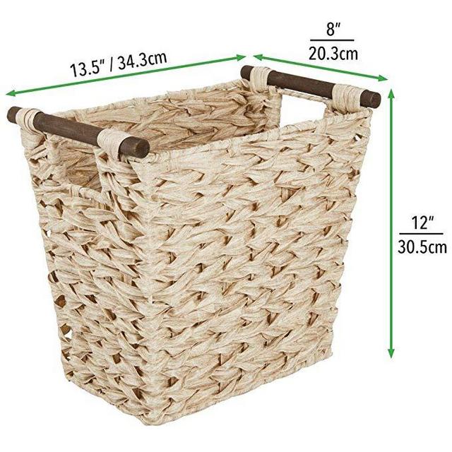 mDesign Small Woven Basket Trash Can Wastebasket - Rectangular Garbage Container Bin with Wood Handles for Bathrooms, Kitchens, Home Offices, Craft, Laundry, Utility Rooms - Natural/Dark Brown