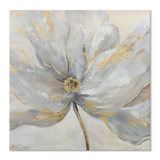 Goldfoilart Floral Wall Art Gold Flower Canvas Pictures with Foil Embellishment Painting Grey Print Framed Artwork for Bedroom Bathroom Living Room Office Wall Decor 24" x 24"