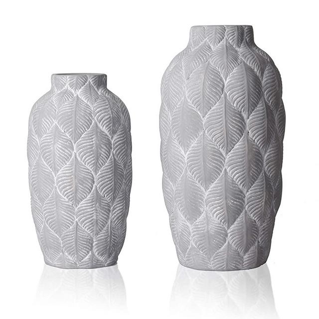 TERESA'S COLLECTIONS Rustic Ceramic Flower Vase,Tribal Decorative Farmhouse Vases with Geometric Pattern Set of 2 for Kitchen,Office or Living Room(White and Grey)