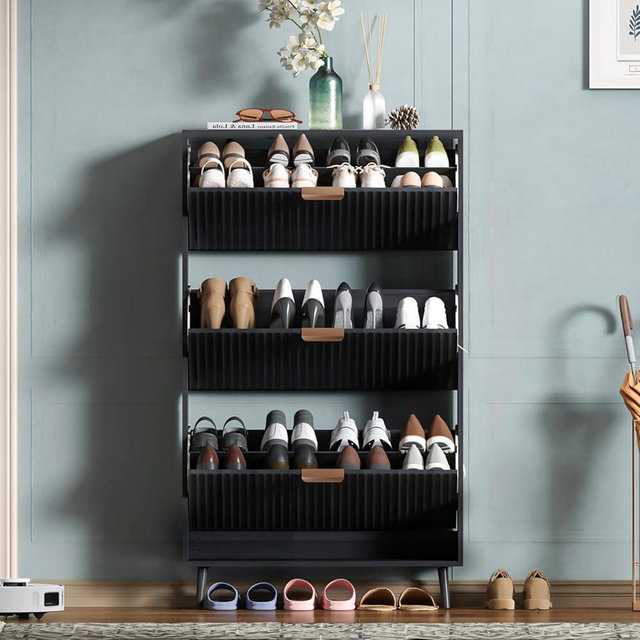 QIVOMIX Shoe Cabinet Storage,Modern Freestanding Organizer with 3 Flip Drawers,Narrow Shoe Rack Cabinet for Entryway,Black