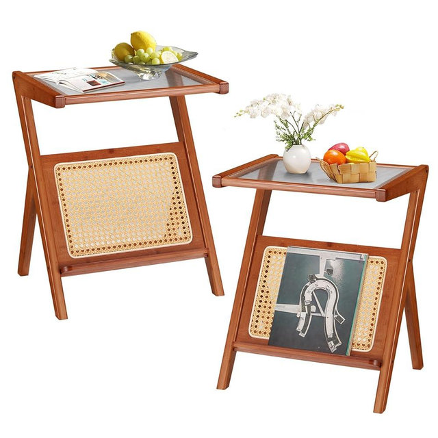 Danrelax Rattan Side Table Set of 2, Rattan End Table Z-Shaped Boho Nightstand with Glass-top, Accent and Coffee Table for Bedroom Living Room Small Space