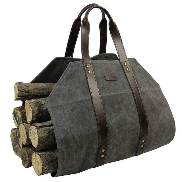 Log Carrier|Waxed Canvas Log Holder|Firewood Carrier Tote Bag|Fireplace Wood Stove Accessories-Grey