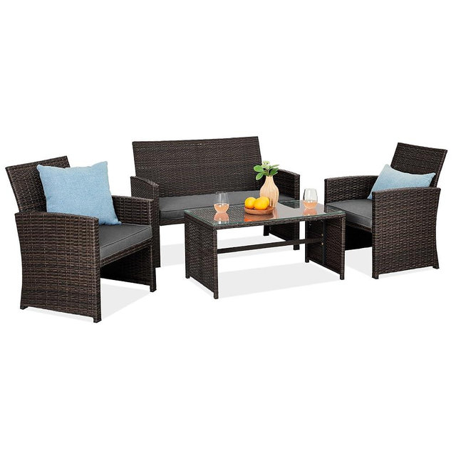 Best Choice Products 4-Piece Outdoor Wicker Patio Conversation Furniture Set for Backyard w/Coffee Table, Seat Cushions - Brown/Stone Gray