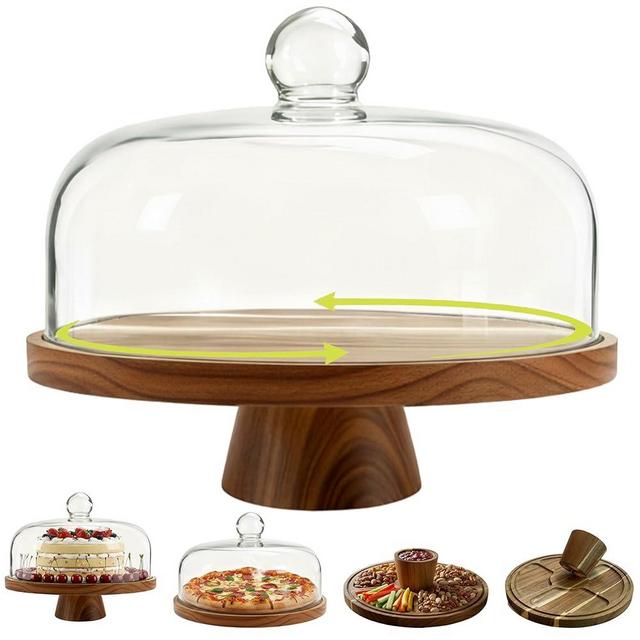 ValorTiger Acacia Wood Cake Stand with Scratch-Resistant Glass Dome Lid – 12-Inch Round Cake Holder with Screw-Type Base, Wooden Dessert Display Stand with Cover for Cakes, Pastries, Cheese & Charcuterie