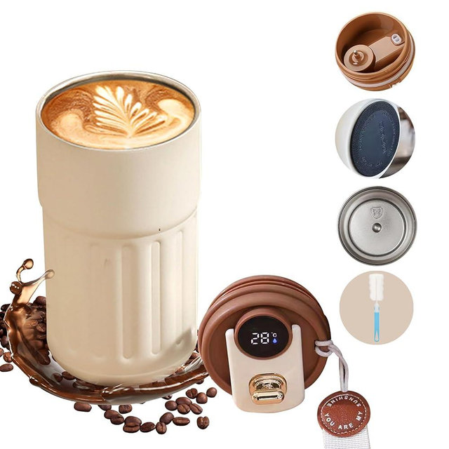 Missdong 14oz Coffee Thermos With Temperature Display,Intelligent Cup,Insulated Travel Coffee Mug -Summer Cold Storage Portable Smart Coffee Mug for Car(White)