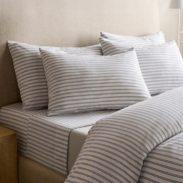 Classic Organic Percale Double Stripe Deluxe Bedding Bundle - Queen, White/Mineral