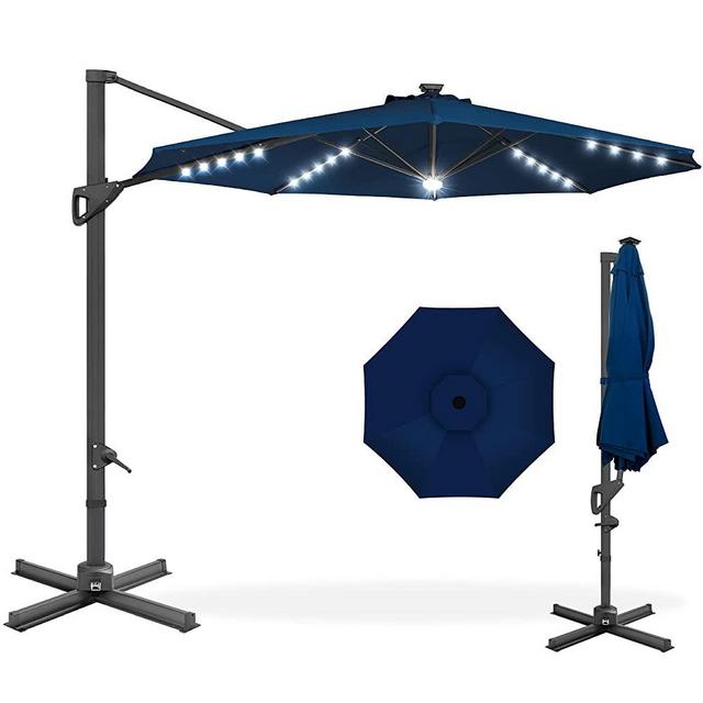 Best Choice Products 10ft Solar LED Cantilever Patio Umbrella, 360-Degree Rotation Hanging Offset Market Outdoor Sun Shade for Backyard, Deck, Poolside w/Lights, Easy Tilt, Cross Base - Navy Blue