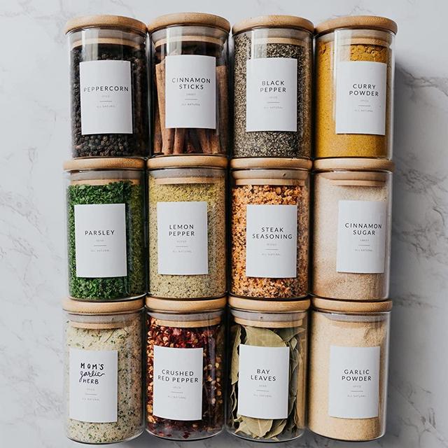 12 Natural Bamboo Spice Jars (8.5 OZ) - Large Glass Spice Jars with Bamboo Lids - Kitchen Jars with Airtight Lids - Spice Container Set - Spice Bottles Seasoning Containers Storage Jars with Lids