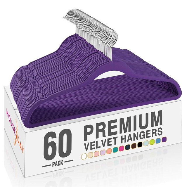 HOUSE DAY Noble Purple Velvet Hangers 60 Pack, Non Slip Clothes Felt Hanger Heavy Duty for Coat, Premium Slim Space Saving Suit Hangers for Closet Organizer, 360° Rotating Silver Hook