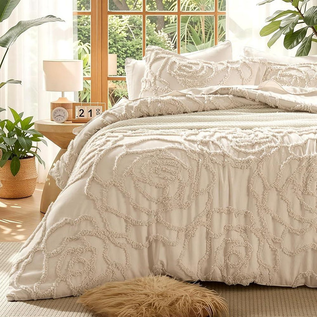 Wrenley Vale 7 Pieces Comforter Set King Khaki Tufted Rose Ultra Soft Fluffy Boho Tufted Comforter Set All Season Bed in a Bag Set Shabby Chic Farmhouse Rustic Style Bedding