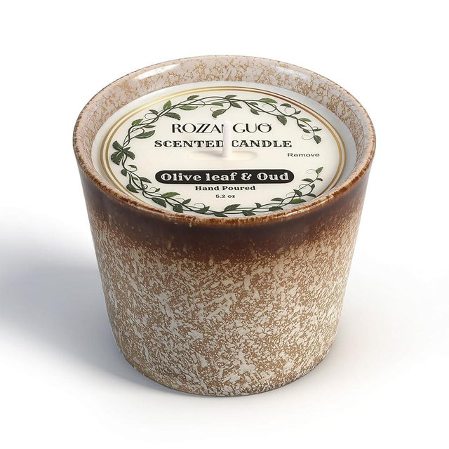 ROZZANGUO Luxury Ceramic Jar Scented Candle | Women & Men | Natural Coconut & Soy Wax Blend | 100% Cotton Wick | Non Toxic | 5.2oz | Hand Poured | Long - Lasting Burn Time | Gfit | (Olive Leaf & Oud)