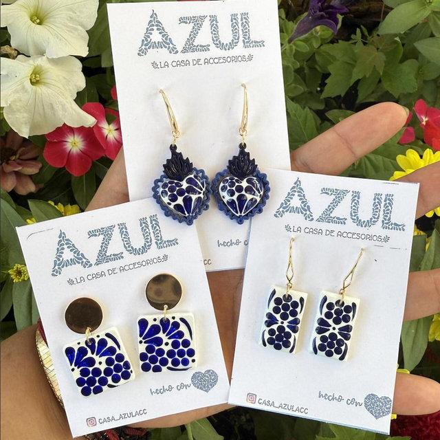 Talavera Earrings, Mexican Earrings, 14k Gold Plated Mexican Earrings, Ceramic Talavera Earrings, Madera de Copal con Acrylic Earrings