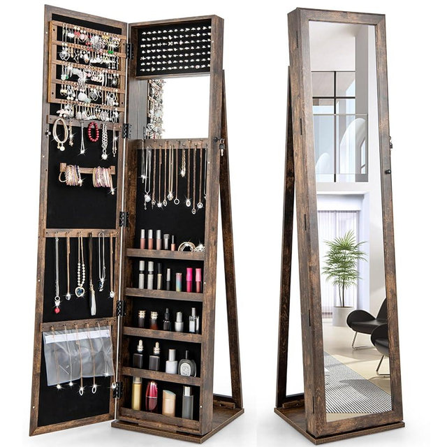 CHARMAID Jewelry Armoire with Full Length Mirror, Lockable Standing Jewelry Cabinet Organizer with Large Storage Capacity, Inside Makeup Mirror, Stable Base, Easy Assembly (Rustic Brown)