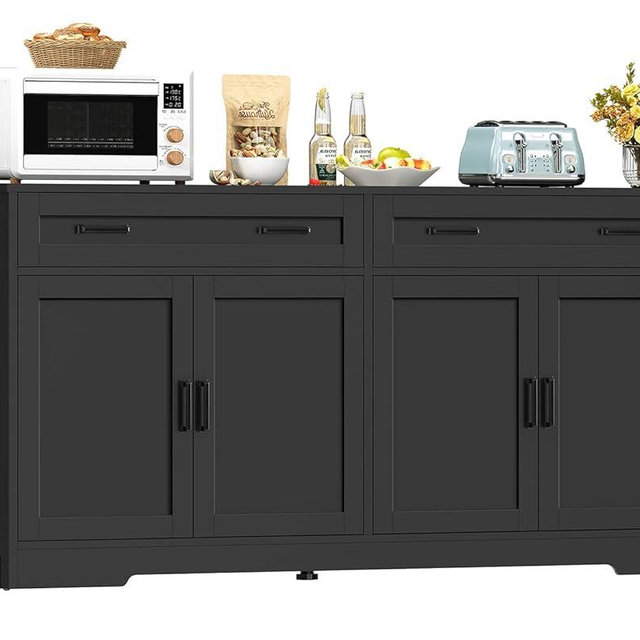 usikey 63" Buffet Cabinet with Storage, Large Sideboard Buffet Cabinet with 2 Adjustable Shelves and 4 Doors, Modern Farmhouse Coffee Bar for Kitchen, Living Room, Black