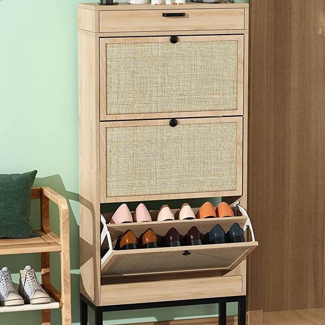 Yechen Shoe Cabinet, Shoe Rack Storage Organizer with 3 Natural Rattan Doors, Entryway Hidden Shoe Cabinet for Sneakers, Leather Shoes, High Heels, Slippers (1 Piece, Oak)