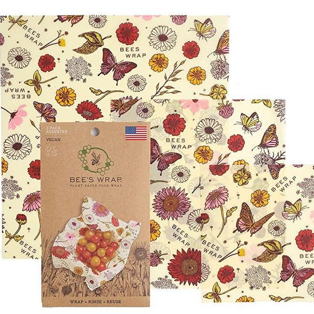 Bee's Wrap - Vegan 3 Pack - Made in USA with Certified Organic Cotton - Plastic and Silicone Free - Reusable Plant-Based Food Wraps (S,M,L)