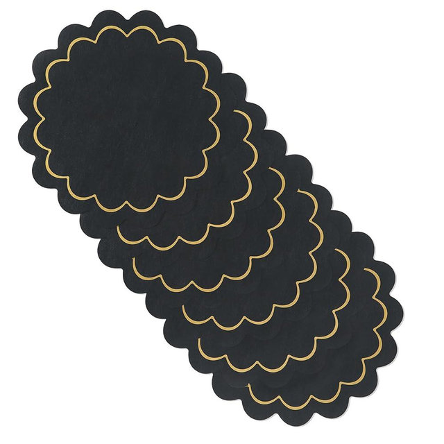 kate spade new york Scallop Edge Round Reversible Placemats 6-Pack Set, Imitation Leather with Metallic Print, Water Resistant, Easy Wipe Clean, Black/Gold, 15" Round