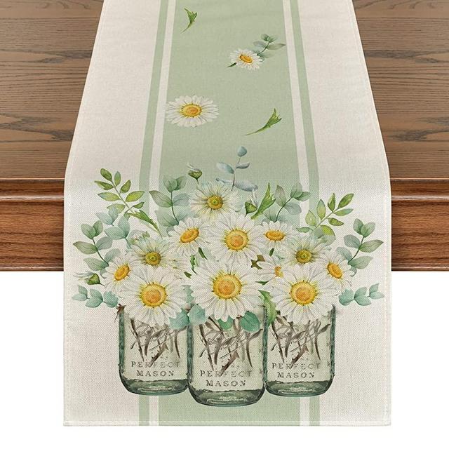 Artoid Mode Eucalyptus Leaves Daisy Vase Table Runner, Spring Easter Summer Seasonal Holiday Kitchen Dining Table Decoration for Indoor Outdoor Home Party Decor 13 x 72 Inch