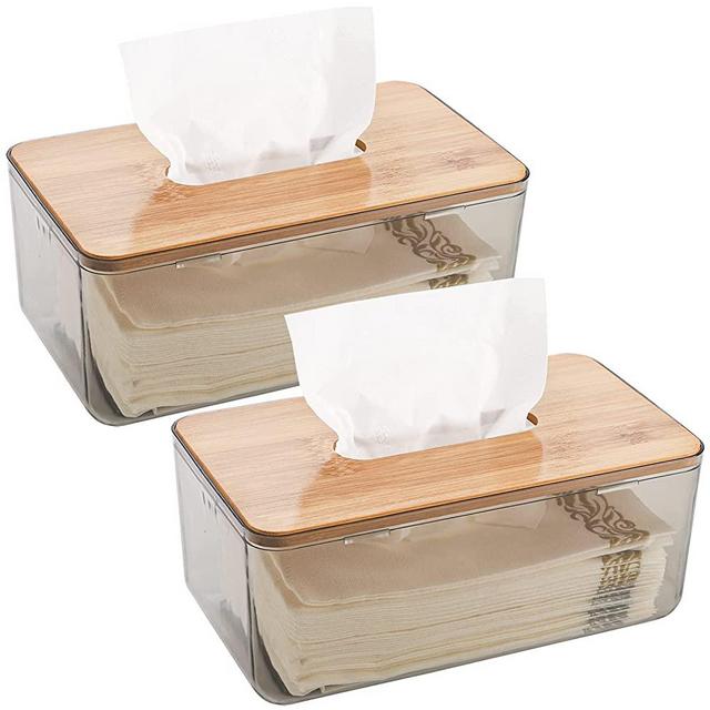 Jucoan 2 Pack Bamboo Tissue Box Cover Holder, Transparent Facial Tissue Dispenser Box, Rectangle Dryer Sheet Container for Bathroom, Kitchen, Home,