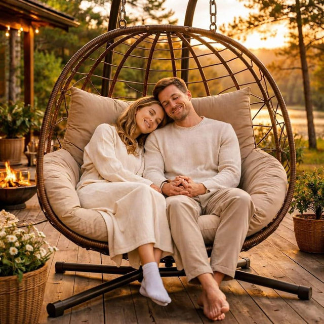 Beuiosda Double Egg Chair with Stand, Outdoor Egg Chair Swing with Cushion, Foldable Hanging Loveseat, 700lbs Capacity for Bedroom, Balcony, Garden (Brown)