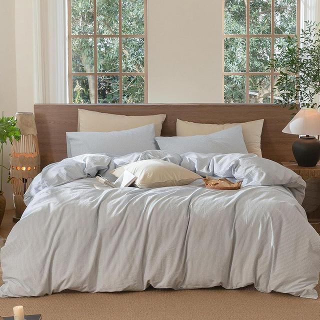 MooMee Striped Duvet Cover Set 100% Washed Cotton Linen Like Textured Breathable Durable Soft Comfy (Cornflower Blue White Pinstripes, Queen)