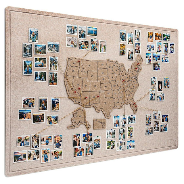 Vyvox Photo Board with USA Map, 47x32 inch Photo Display Felt Board, Personalized US Map for Travel Tracking, Best Gifts for People Who Travel (Desert Dunes)