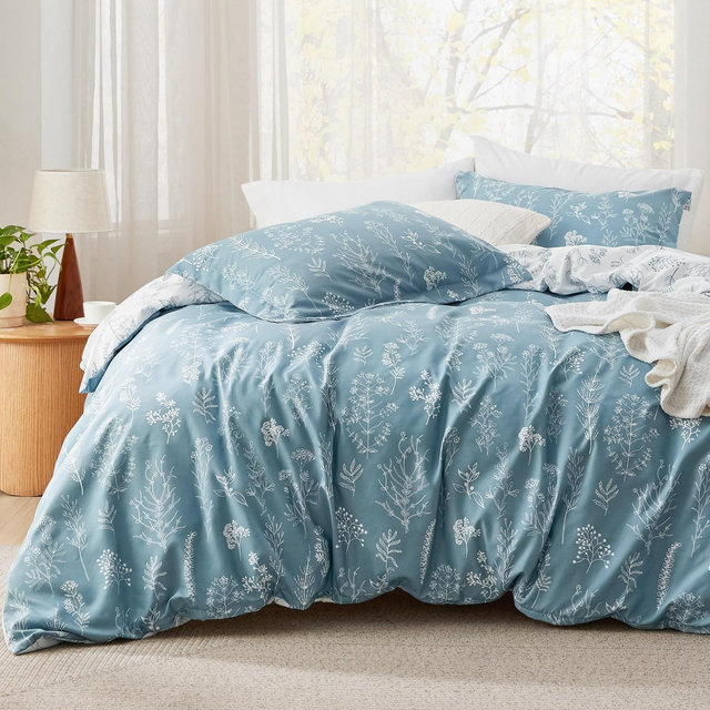 3 Pcs Floral Printed Reversible Mineral Blue Comforter Set Full Size Soft Designed Plants Pattern Bedding Set - Bedsure