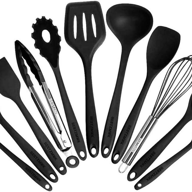Kitchen Utensil Set - 11 Cooking Utensils - Colorful Silicone Kitchen Utensils - Nonstick Cookware with Spatula Set - Colored Best Kitchen Tools Kitchen Gadgets (Black)