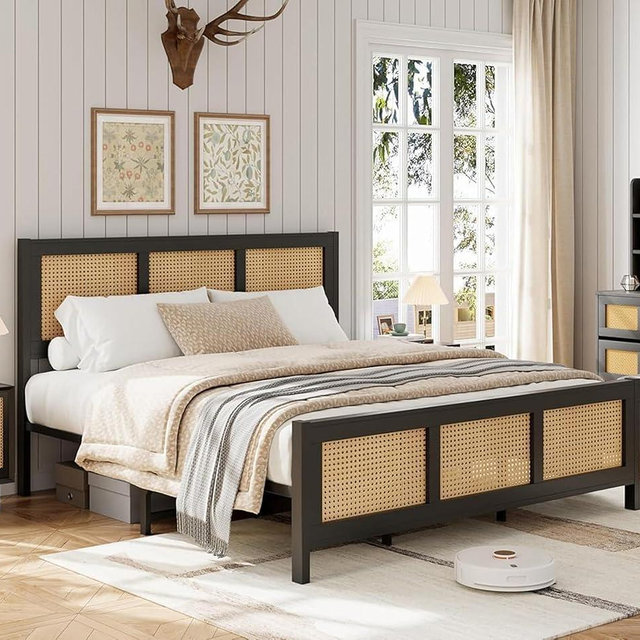 Garvee Rattan Bed Frame with Headboard, Bohe Platform Queen Bed Frame with Strong Metal Slats Support, No Box Spring Needed, Noise-Free Design, Black