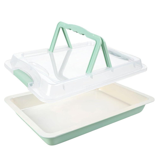 Hovnarh Jelly Roll Pan with Lid, 16.9"x12" Nonstick Sheet Cake Pan, 2" Deep, Snap-Lock Lid for Potluck, PFOA-Free, Oven Safe 450°F, Mint Green