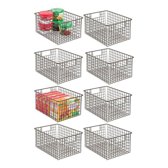 mDesign Farmhouse Decor Metal Wire Food Storage Organizer Bin Basket with Handles - for Kitchen Cabinets, Pantry, Bathroom, Laundry Room, Closets, Garage - 12 Inches Long - 8 Pack - Bronze