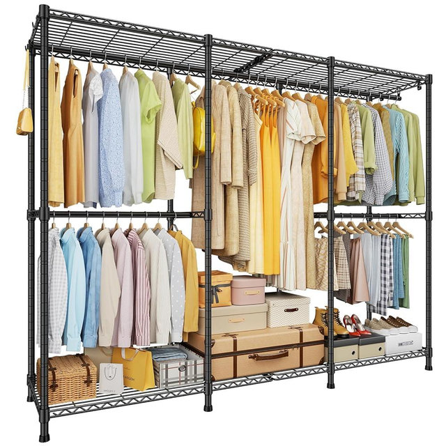 ULIFHOME E14 Pro Heavy Duty Clothes Rack，Freestanding Clothing Racks for Hanging Clothes，Adjustable Closet Organizers and Storage，Metal Garment Rack with Shelves 69"W x16"D x77"H，Max Load 960LBS，Black
