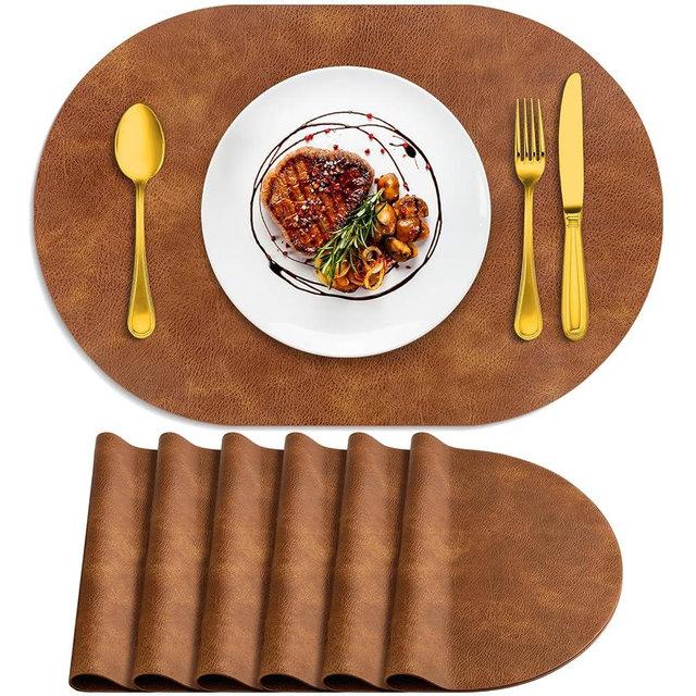 ADRIMER Placemats, Heat Resistant Oval Placemats Set of 6 Washable 12 x 17 Inch, Waterproof Table Mats, Wipeable Pu Place Mats for Kitchen, Dining Room, Turmeric Brown