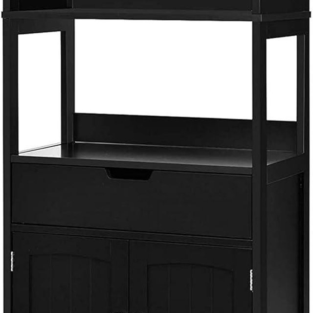 LDAILY Storage Cabinet, 24" L x 13" W x 48" H Floor Cabinet with 2 Shelves, 1 Drawer and a 2-Door Base Cupboard, Microwave Cart with Storage Cabinet for Kitchen, Bathroom, Office (Black)