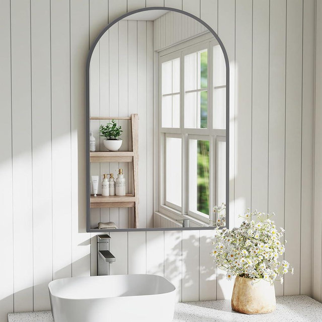 DUMOS Black Metal Arch Vanity Rounded Rectangle Bathroom Mirrors for Over Sink Wall, 24x36 Inch Large Matte Mirror, Modern Decorative for Restroom, Farmhouse