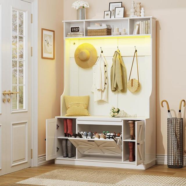 Maupvit Hall Tree with Bench and Shoe Storage, Coat Rack with Shoe Bench, 6 Shoe Cubbies, 4 Coat Hooks, LED Lights, Entryway Hall Tree, Wood Coat Tree with Soft Cushion for Hallway, Mudroom