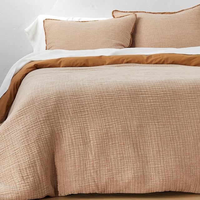 King Textured Chambray Cotton Duvet & Sham Set Warm Brown - Casaluna™