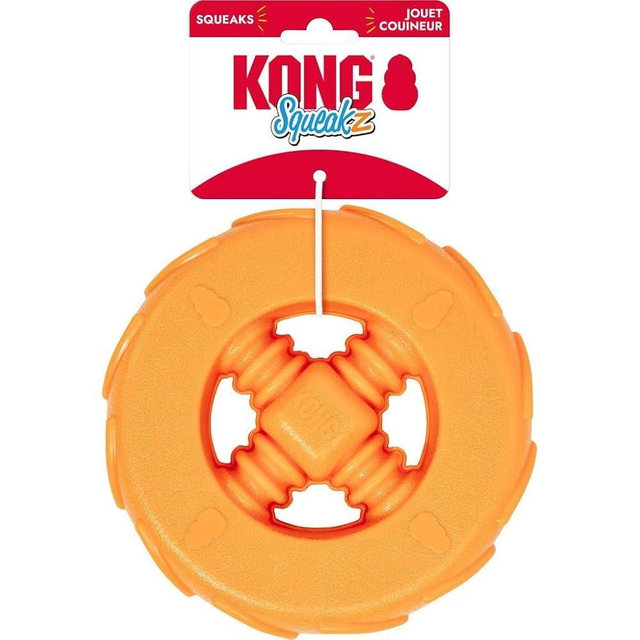 KONG Squeakz Dog Toy – Durable Rubber Fetch & Chew Toy with Squeakers, Interactive Enrichment Toy for Active Dogs (Wheel, Large)