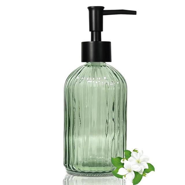 14 Oz Black Pump Glass Soap Dispenser, Green Stripe Countertop Refillable Liquid Bottle Hand Dish Lotion Dispenser with Plastic Pump, for Kitchen, Bathroom