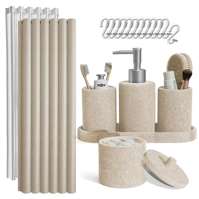 Clara Clark Bathroom Set - Beige Bathroom Accessories Set, 19PC Bathroom Accessory Set, Bathroom Sets with Shower Curtain Set, Soap Dispenser & Toothbrush Holder