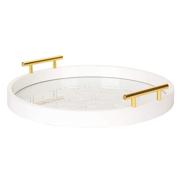 Uniek - Kate and Laurel Caspen Round Cut Out Pattern Decorative Tray with Gold Metal Handles, White