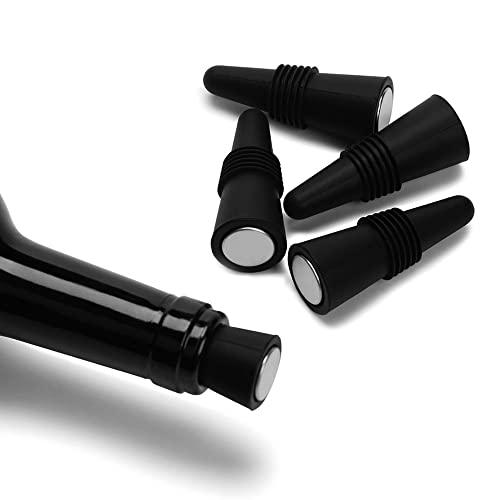 OHMAXHO Wine Stoppers (Set of 5), Silicone Wine Bottle Stopper and Beverage Bottle Stoppers, Black