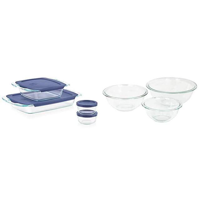 Pyrex Grab Glass Bakeware and Food Storage Set, 8-Piece, Clear & Glass Mixing Bowl Set (3-Piece Set, Nesting, Microwave and Dishwasher Safe)