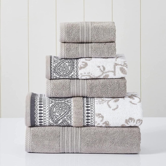 Modern Threads 6-Piece Yarn Dyed Jacquard/Solid Towel Set Ophelia Fawn, Standard