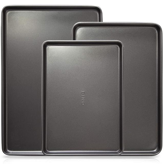 BINO Bakeware Nonstick Cookie Sheet Baking Tray Set, 3-Piece - Gunmetal | Premium Quality Baking Sheet Set with Nonstick Technology | Non-Toxic