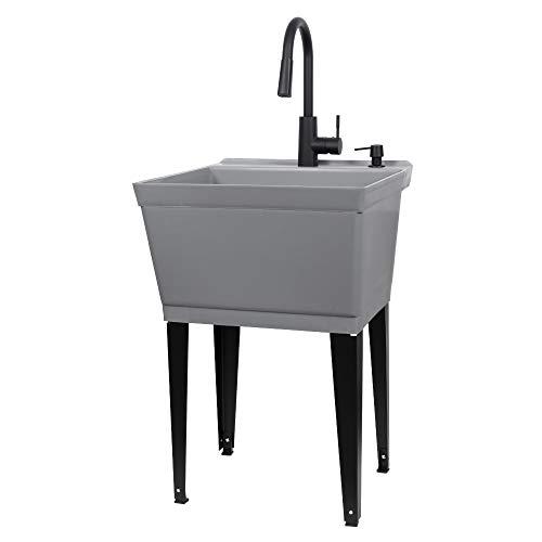 Grey Utility Sink Laundry Tub With High Arc Black Kitchen Faucet By VETTA - Pull Down Sprayer Spout, Heavy Duty Slop Sinks For Washing Room, Basement, Garage, or Shop, Free Standing Tubs