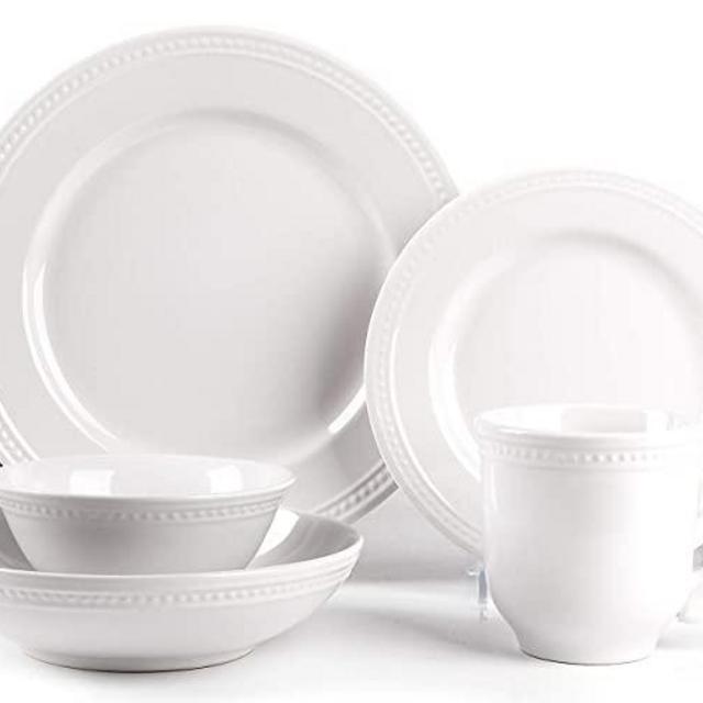 HomeVss, Pearl Dots Stoneware Dinnerware Set 20pc Set, White