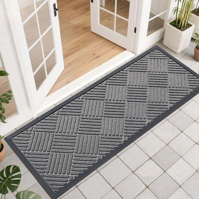 OLANLY Front Door Mat Outside Entrance 47x17, Absorbent, Heavy Duty Sturdy Natural Rubber Doormat Indoor Outdoor, Stain and Fade Resistant, Non-Slip Low Profile Floor Mat for Entryway, Grey Diamond