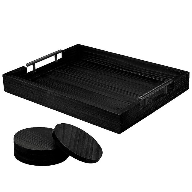 Berry Store Ottoman Tray with Handle for Living Room – Set of 4 Natural Wooden Coasters – Rustic Serving Tray for Coffee Table – Kitchen Decorative Tray with Handles (Black)